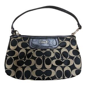 COACH BLACK TAN JACQUARD FABRIC LEATHER TRIM WRISTLET